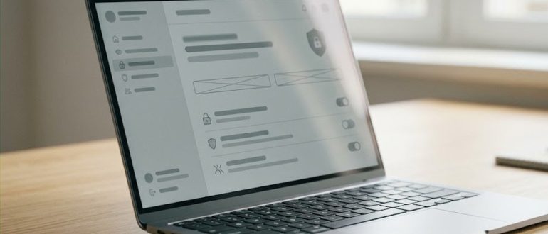 Ноутбук с окном настроек безопасности, где часть параметров недоступна